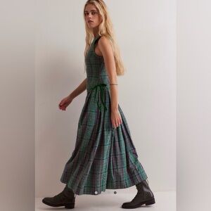 Free People Nightingale Plaid Maxi Dress L Green Purple Smocked Cottagecore
